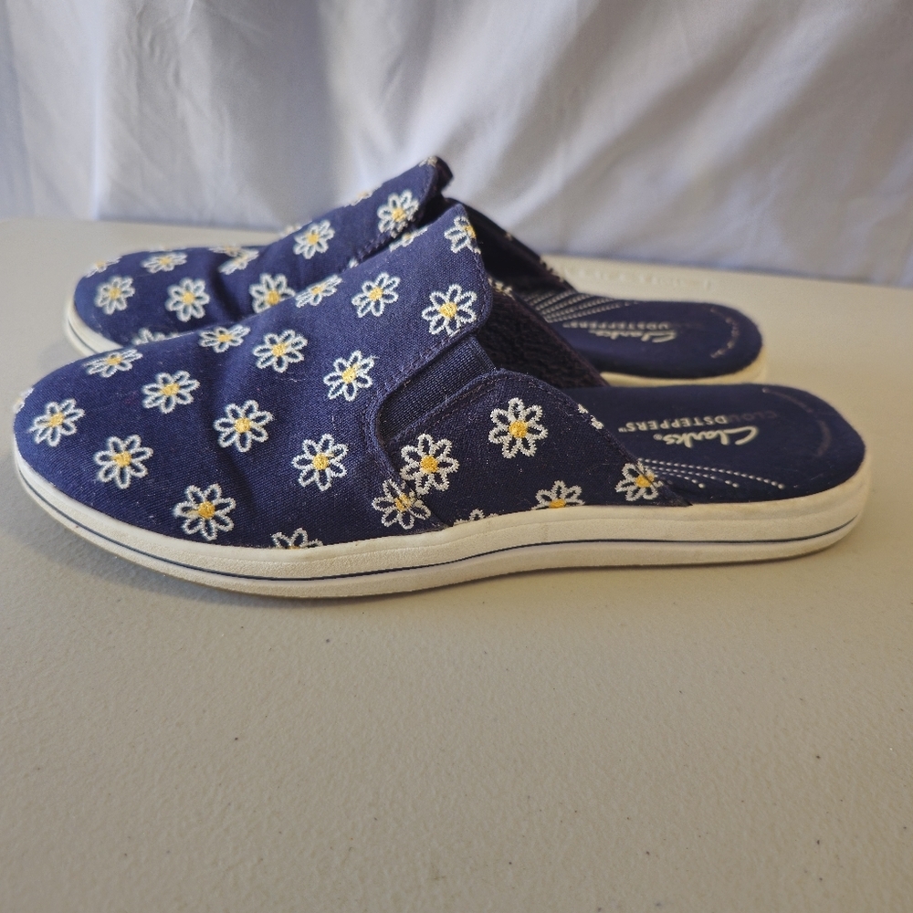 Clarks Navy Embroidered Daisy Slip-On Mules